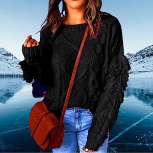 🆕Time and Tru Women’s plus-size Black Fringed Chunky Knit Crewneck Sweater❤️3X